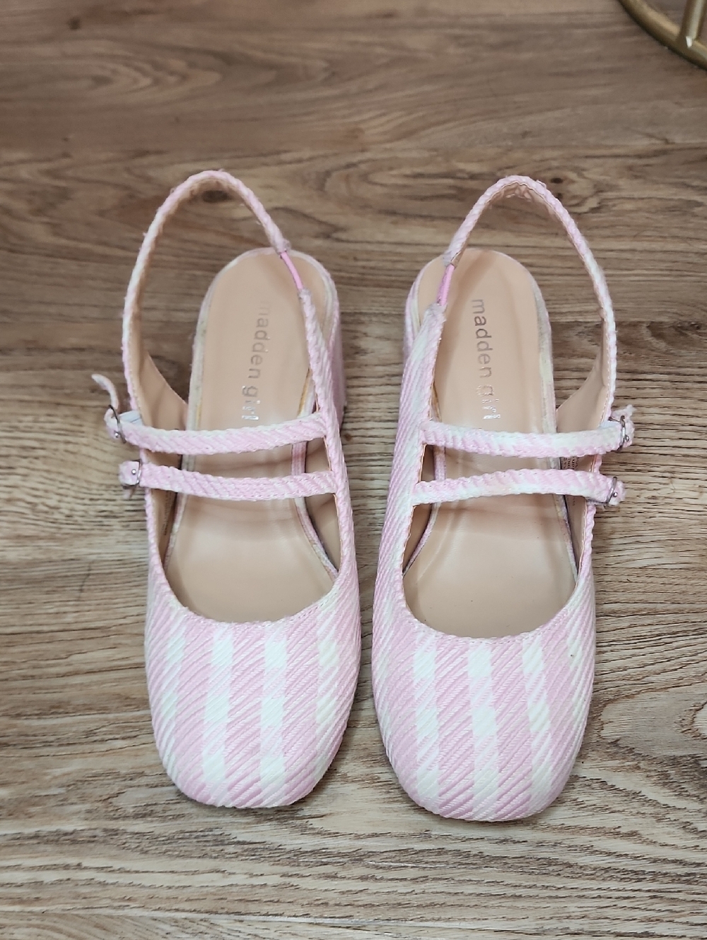 Madden Girl Doll Block Heel Slingback Pink White Woven Pattern Mary Jane Shoes - Picture 2 of 11